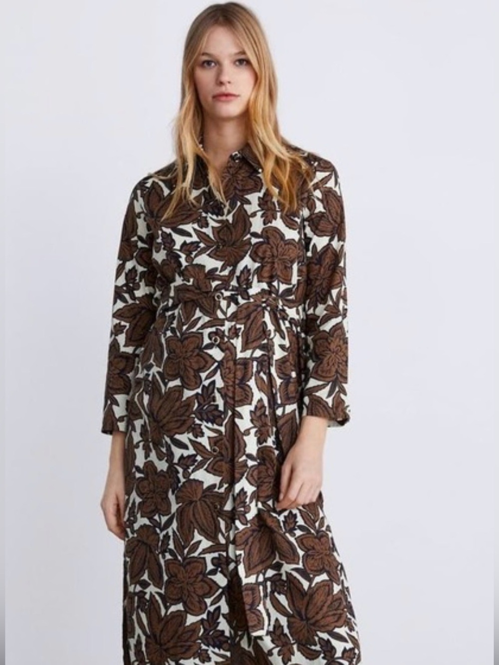 Zara Brown Floral Button-Front Maxi Dress with Cream Base